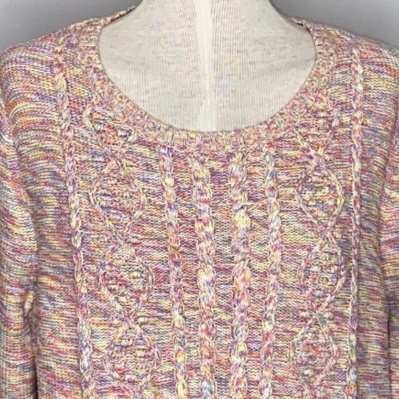 Lands' End 100% Cotton 3/4 Sleeve Multi Color Cable Knit Sweater - Size Large - Picture 2 of 5